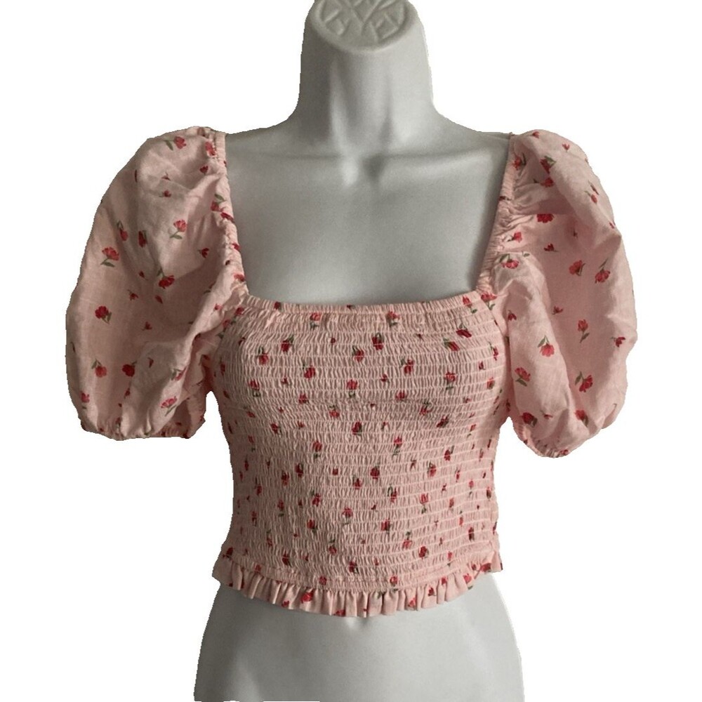 Altar'd State Smocked Pink Floral Crop Top Size L Puff Sleeve Cottage NWOT